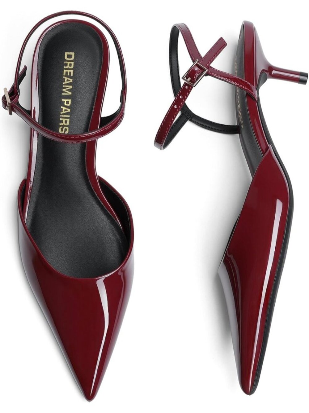 Women's Burgundy Pointed Closed Toe Low Stiletto Pumps Comfortable Kitten Heel